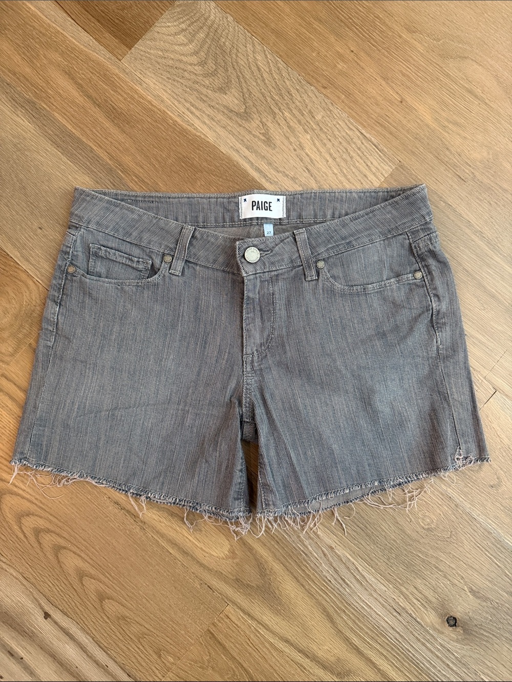 PAIGE Gray Frayed Hem Denim Shorts